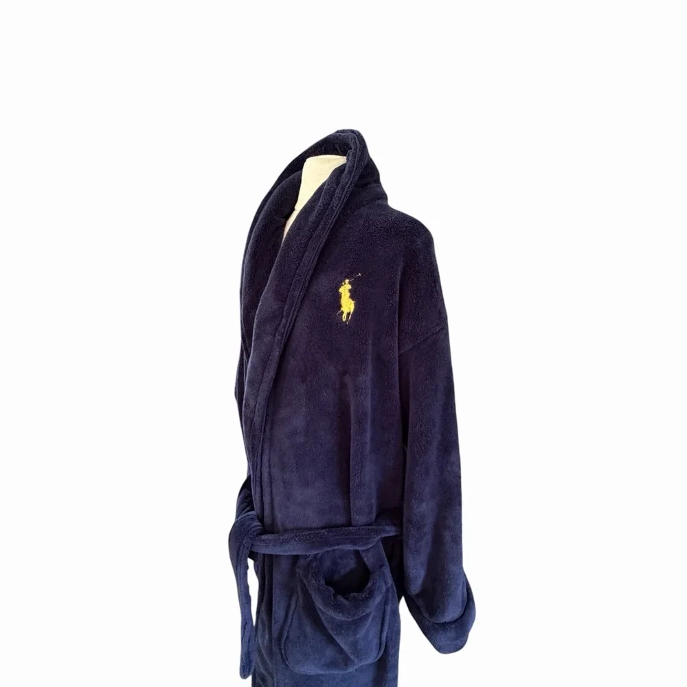 Polo Ralph Lauren Mens Cruise Navy Plush Microfiber Robe OS Pony Logo Preppy